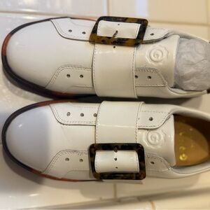 Women’s White Leather Shoes with Tortoise Buckle